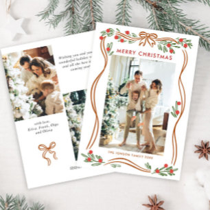 Festive Boho Beige Christmas Bow Ribbon 3 Photo Holiday Card