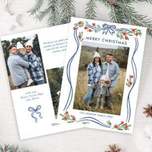 Festive Boho Blue Christmas Bow Ribbon 3 Photo Holiday Card