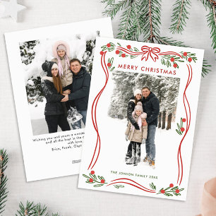 Festive Boho Red Christmas Bow Ribbon 2 Photo Holiday Card