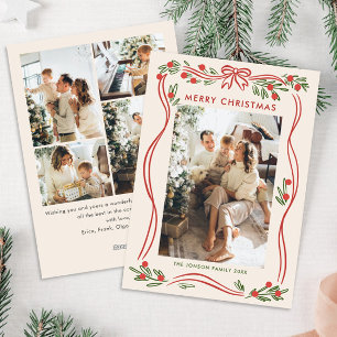 Festive Boho Red Christmas Bow Ribbon 5 Photo Holiday Card