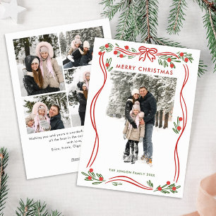 Festive Boho Red Christmas Bow Ribbon 5 Photo Holiday Card