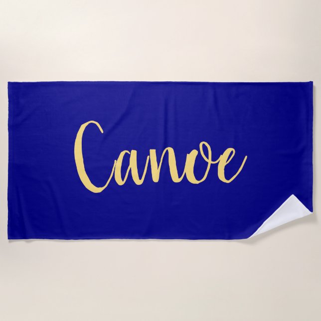 Festive Bold "Canoe" Script On Royal Navy Blue  Beach Towel (Front)