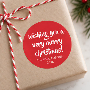 Festive Bold Merry Christmas Red Brush Script Name Classic Round Sticker