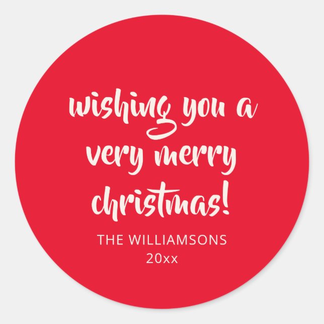 Festive Bold Merry Christmas Red Brush Script Name Classic Round Sticker (Front)
