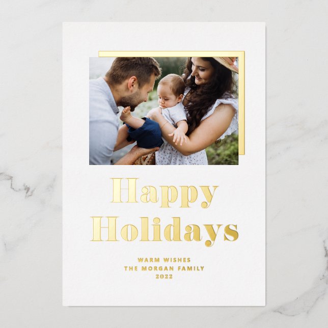 Festive Bold Typography Photo Happy Holidays Foil Holiday Card (Front)
