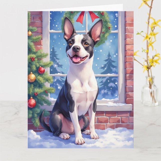 Festive Boston Terrier Christmas Art Card (Yellow Flower)