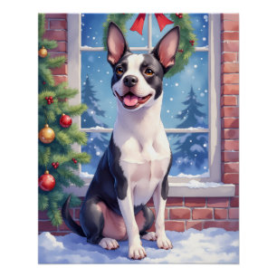 Festive Boston Terrier Christmas Art Poster
