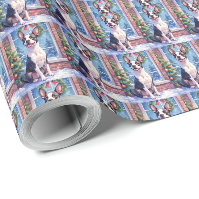 Festive Boston Terrier Christmas Art Wrapping Paper (Roll Corner)