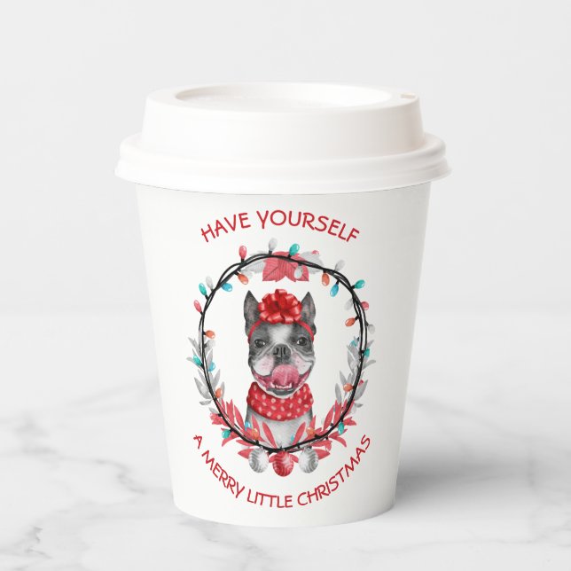 Festive Boston Terrier Merry Christmas Paper Cups (Front)
