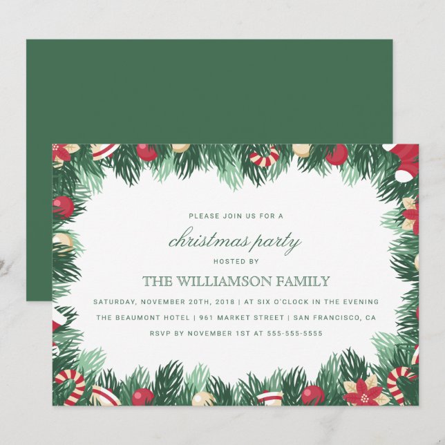 Festive Botanical Border Christmas Party Invitation (Front/Back)