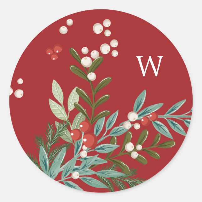 Festive Botanical Floral Christmas Traditional Red Classic Round Sticker (Front)