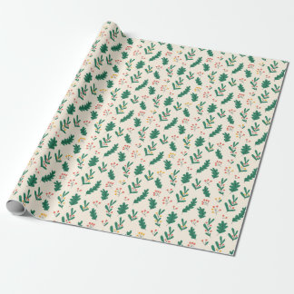 Festive Botanical Pattern with Leaves and Berries Wrapping Paper