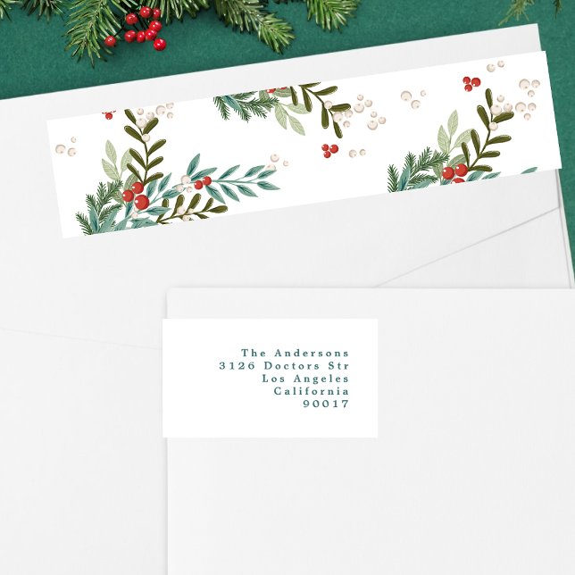 Festive Botanical White Christmas Return Address Wrap Around Label (Creator Uploaded)
