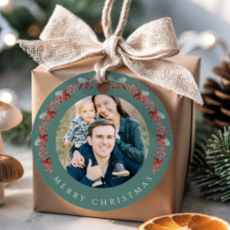 Festive Botanical Wreath Photo Christmas Favour Tags