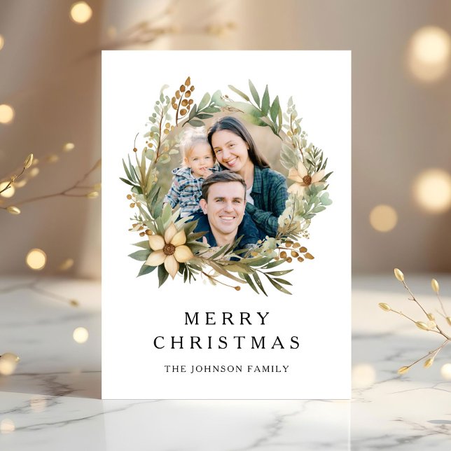 Festive Botanical Wreath Photo Christmas Holiday Card (Christmas 1 Photo Arch Watercolor Botanical Holiday Card)