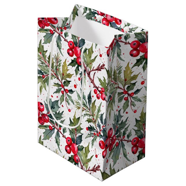 Festive Boughs of Holly Botanical Medium Gift Bag (Front Angled)