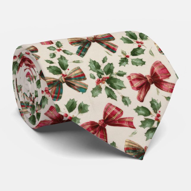 Festive Bow and Holly Christmas Pattern  Tie (Rolled)