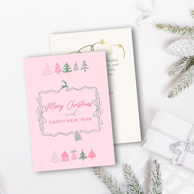 Festive Bow & Chic Trees Doodle Pink Holiday Card (Festive Bow & Chic Trees Doodle Pink Holiday Card)