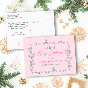 Festive Bow & Trees Doodle Pink Holiday Postcard