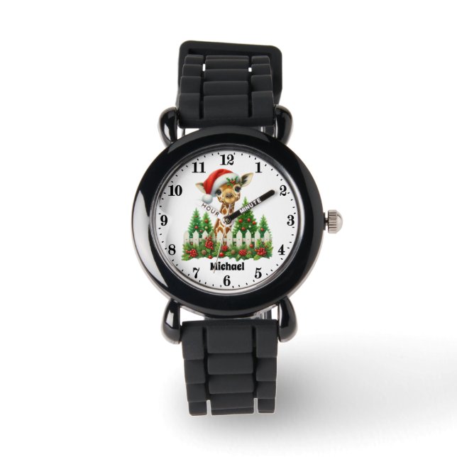 Festive boys Christmas Giraffe add name Watch (Front)
