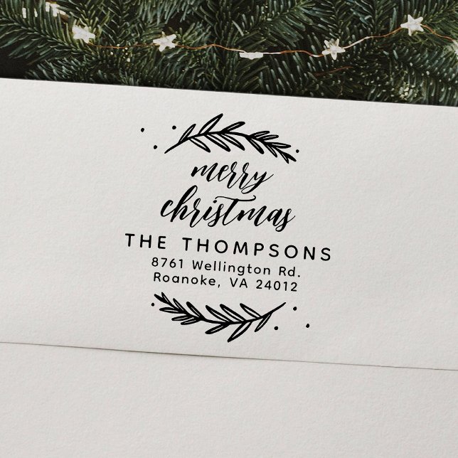 Festive Branches Merry Christmas Return Address Rubber Stamp (Creator Uploaded)