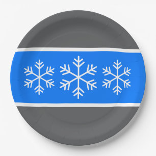 Festive Bright Alpine Blue Grey Stripes Snowflakes Paper Plate
