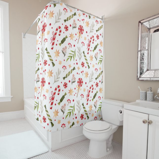 Festive Bright Christmas Candy on White Shower Curtain (In Situ)