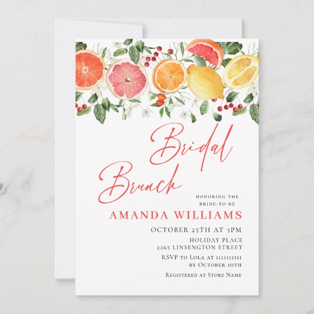 Festive Bright Floral Citrus Slice Bridal Brunch Invitation (Front)
