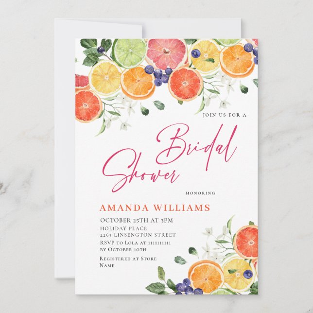 Festive Bright Floral Citrus Slice Bridal Shower Invitation (Front)