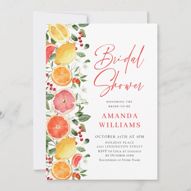 Festive Bright Floral Citrus Slice Bridal Shower Invitation (Front)