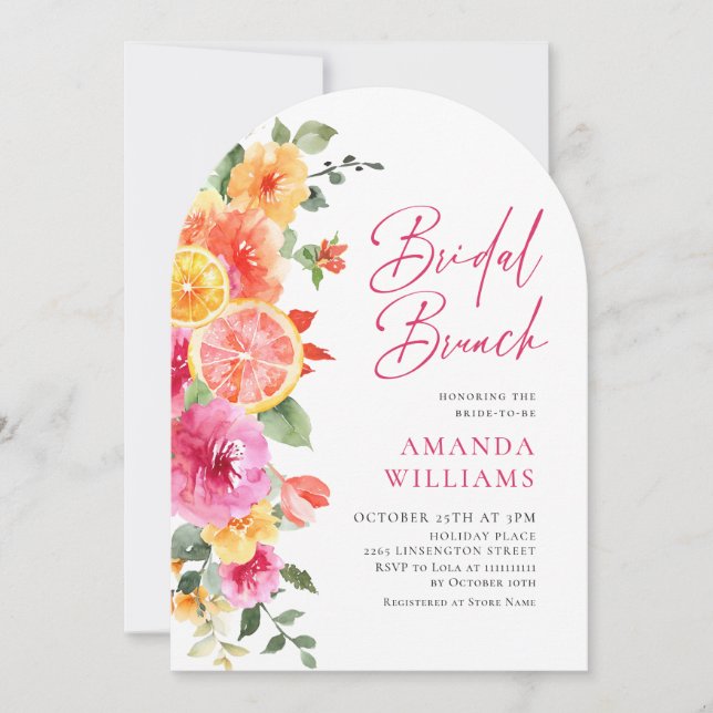 Festive Bright Flowers Floral Citrus Bridal Brunch Invitation (Front)