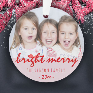 Festive Bright Merry Script Red Christmas Photo Ornament