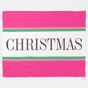 Festive Bright Pink Green White CHRISTMAS Stripes Fleece Blanket