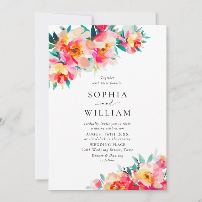 Festive Bright Pink Orange Flowers Wedding Invitation (Front)