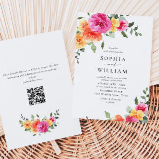 Festive Bright Pink Orange Flowers Wedding Invitation