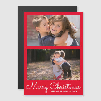 Festive Bright Red 2 Photo Holiday Collage Magnetic Invitation