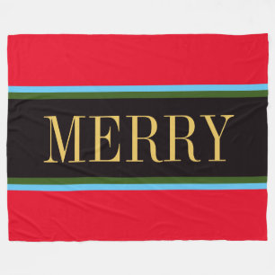 Festive Bright Red Black Green Blue MERRY Stripes Fleece Blanket
