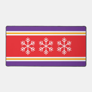 Festive Bright Red Royal Purple Stripes Snowflakes Desk Mat