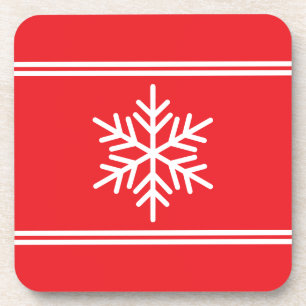 Festive Bright Red White Racing Stripes Snowflake Coaster