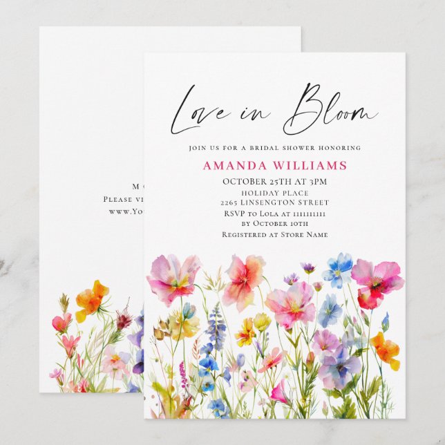 Festive Bright Watercolor Flowers Bridal Shower Invitation (Front/Back)