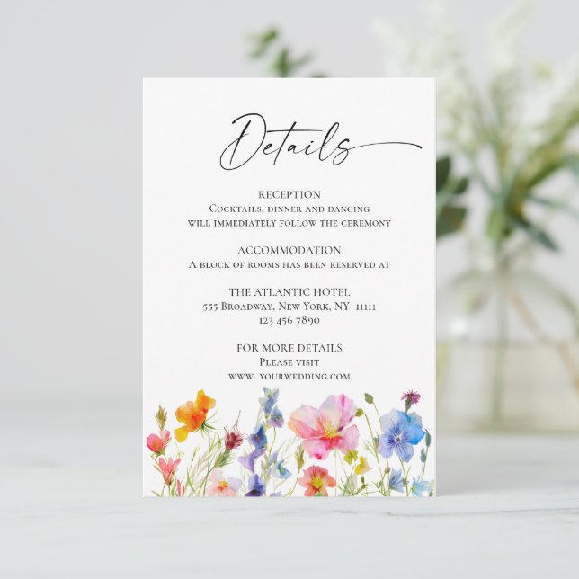 Festive Bright Watercolor Flowers Details Enclosure Card (Standing Front)