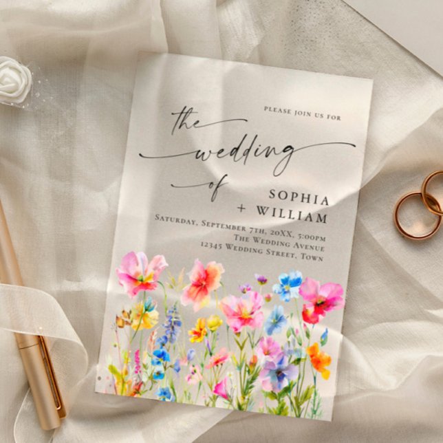 Festive Bright Watercolor Wild Flowers Wedding Acrylic Invitations (Creator Uploaded)