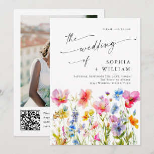 Festive Bright Watercolor Wild Flowers Wedding Invitation