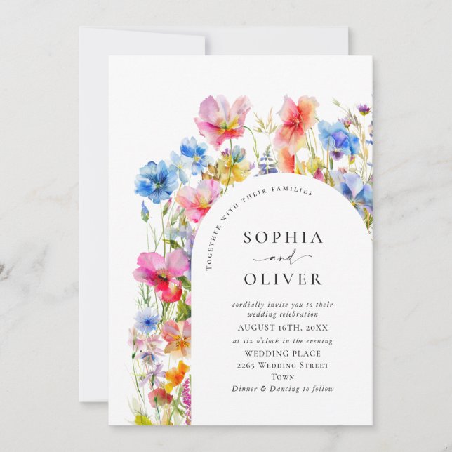 Festive Bright Watercolor Wild Flowers Wedding Invitation (Front)