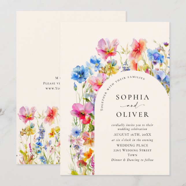 Festive Bright Watercolor Wild Flowers Wedding Invitation (Front/Back)