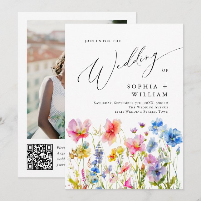 Festive Bright Watercolor Wild Flowers Wedding Invitation (Front/Back)