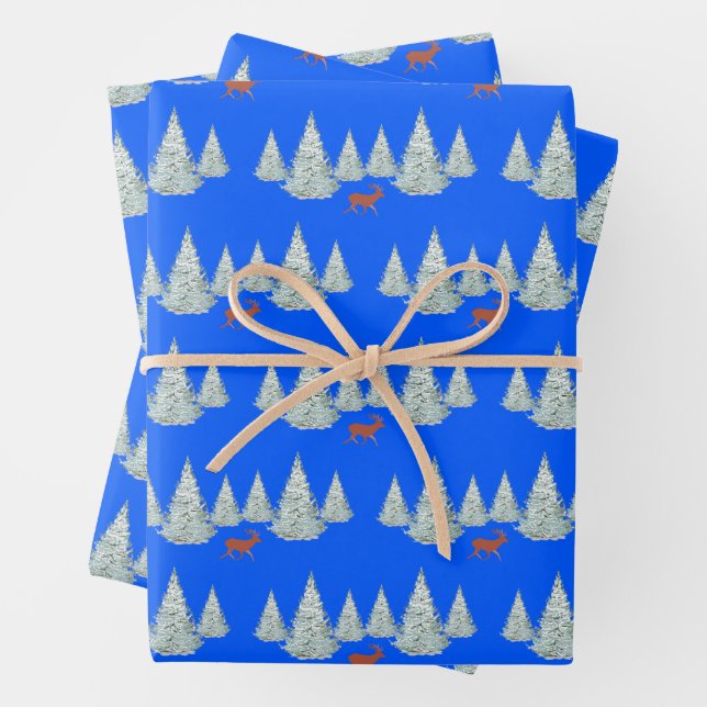 Festive Brown Deer under Snowy Spruce Trees Blue Wrapping Paper Sheet (In situ)