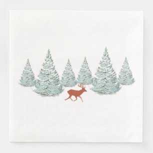 Festive Brown Deer under Snowy Spruce Trees   Napkin