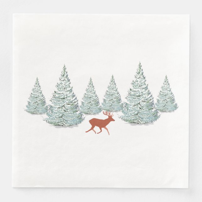 Festive Brown Deer under Snowy Spruce Trees   Napkin (Front)