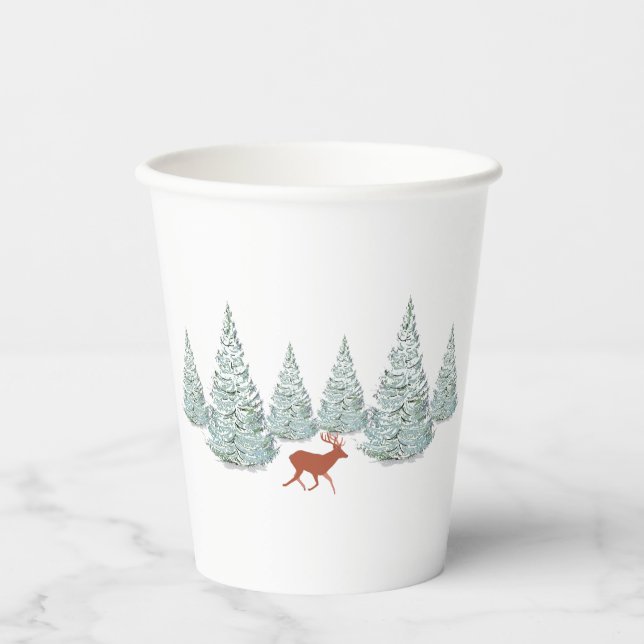 Festive Brown Deer under Snowy Spruce Trees   Paper Cups (Front)